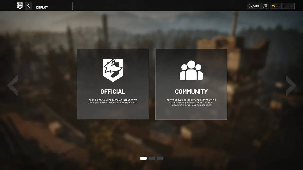 WARDOGS Deploy screen with the COMMUNITY option highlighted next to the official server option