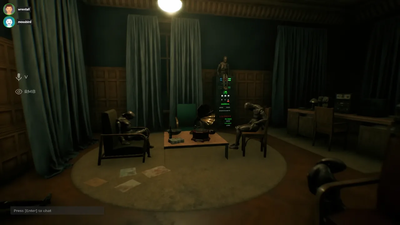 Right-click eye inspect prompt visible while a player scans a furnished room
