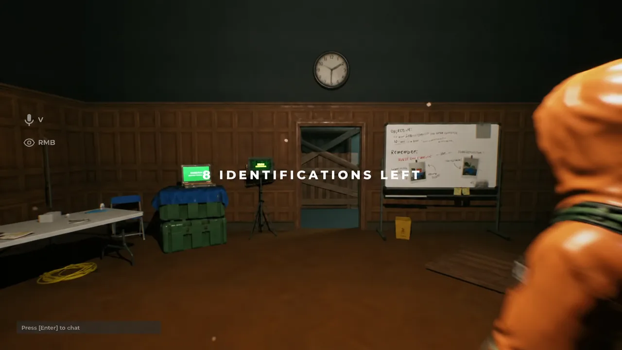 In-game counter reading eight identifications left while a player sweeps a room