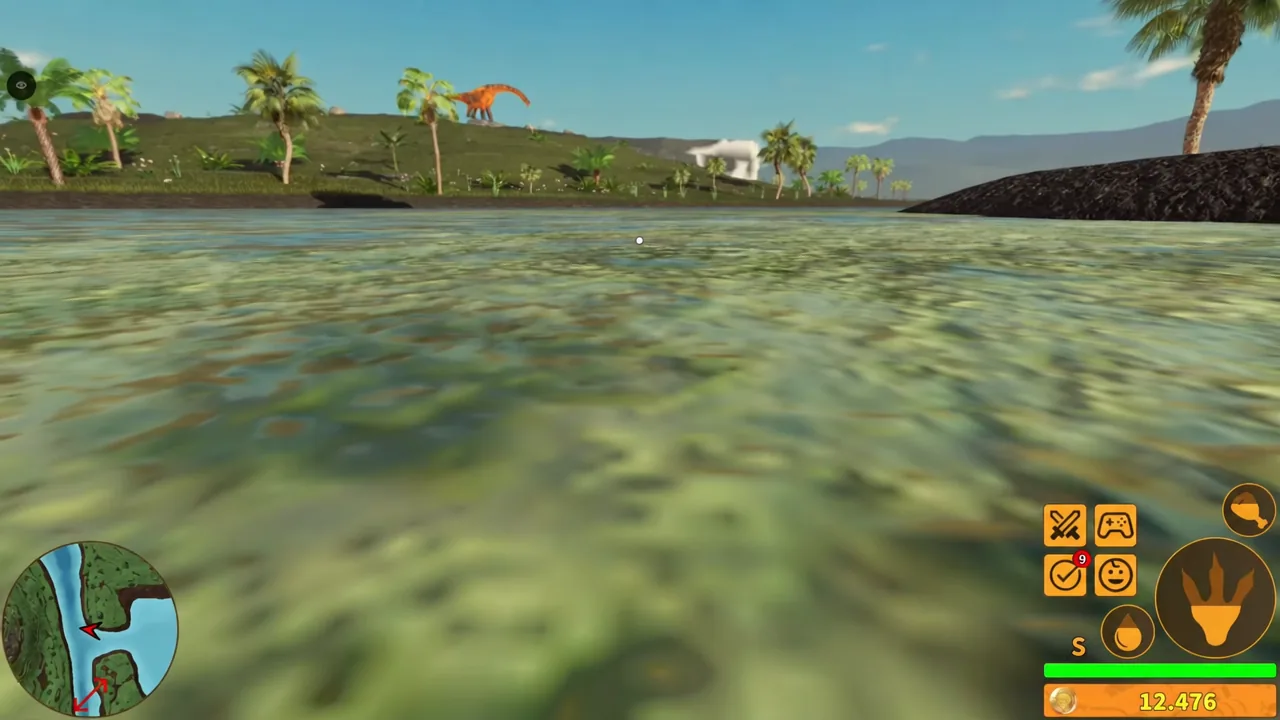 Deinosuchus waiting in shallow water with the orange grab button visible on the right of the screen
