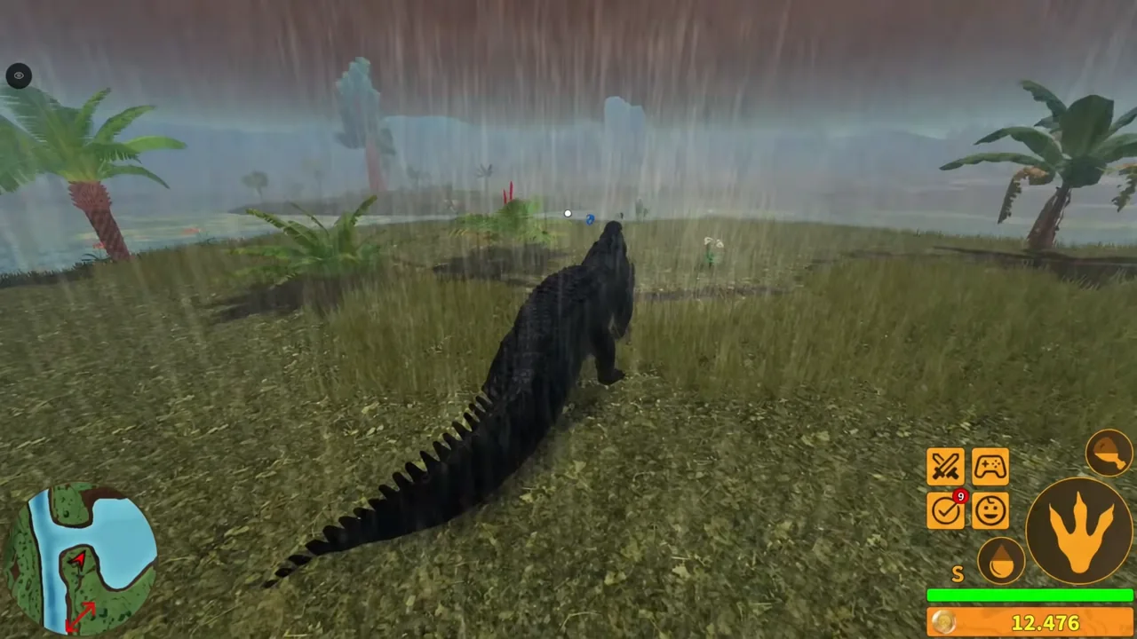 Deinosuchus moving across open ground in the rain with the attack button at bottom right