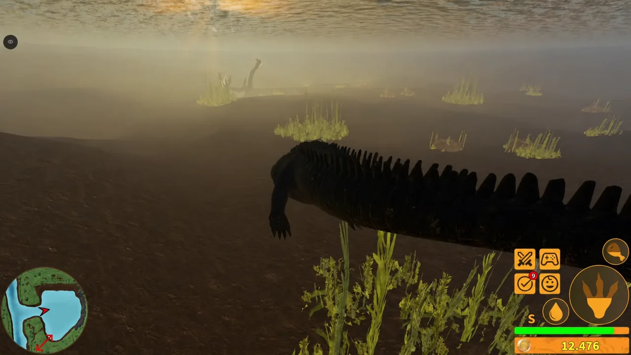 Deinosuchus swimming below the surface with the claw attack control visible on screen