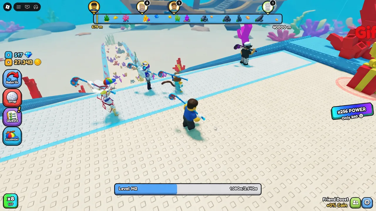 Hit a Golf Ball gameplay at Level 142 with an x256 POWER indicator shown on screen