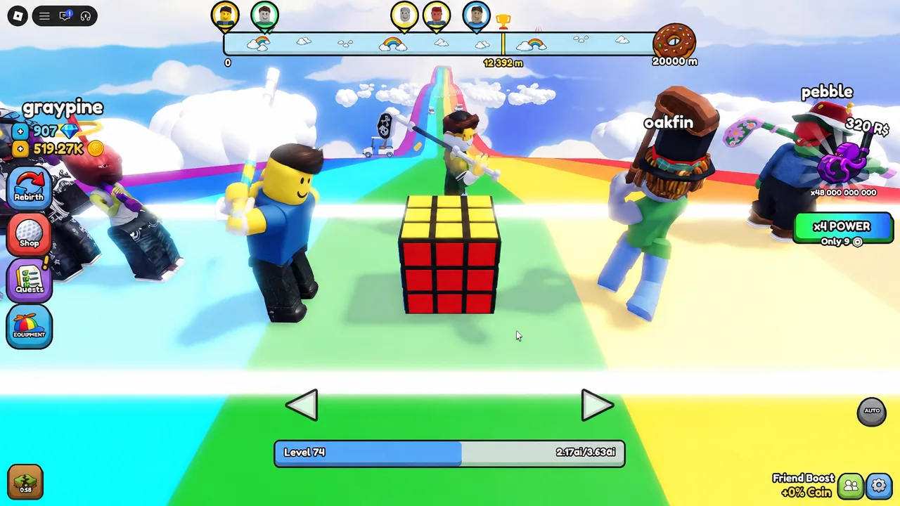 Players attacking a large red-and-yellow cube target on a Hit a Golf Ball track at level 74