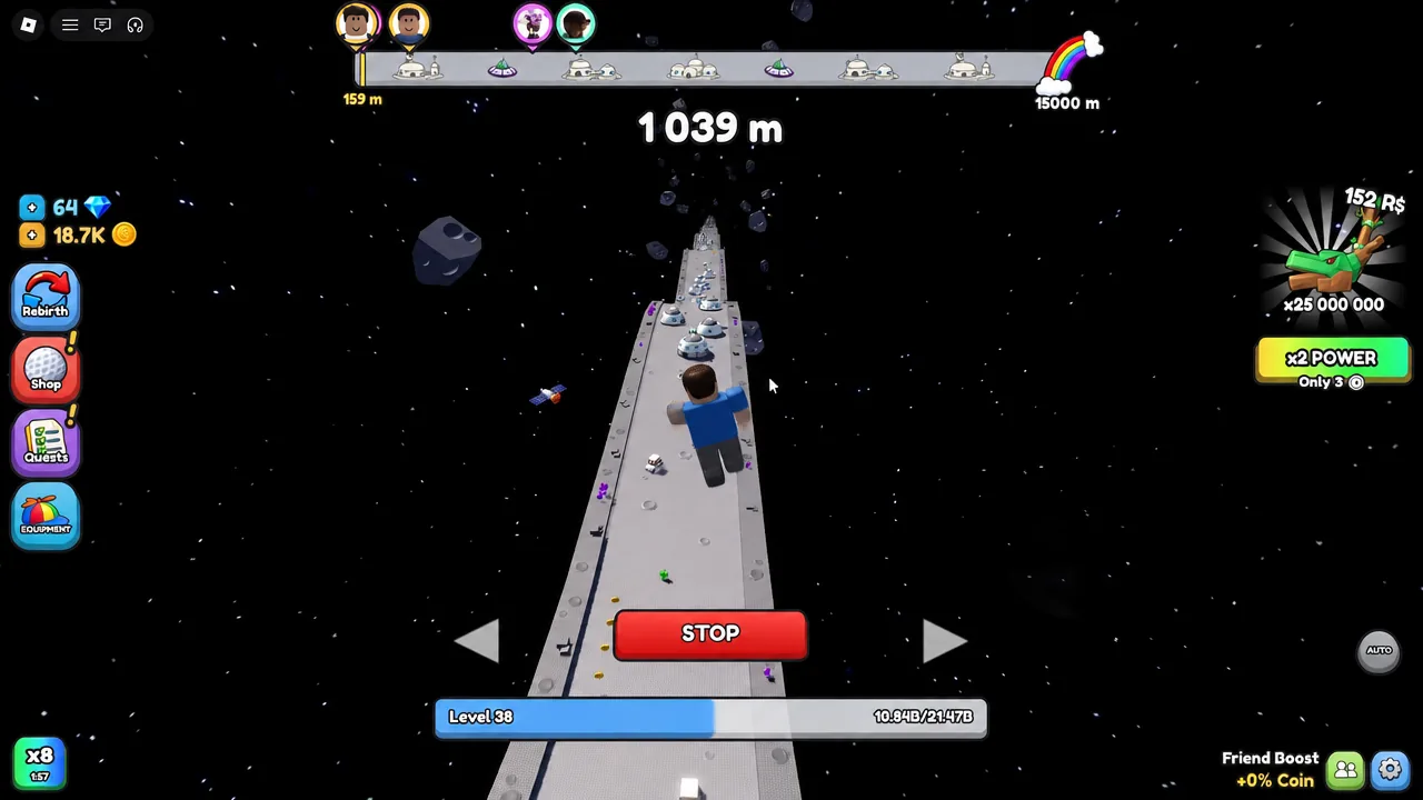 Hit a Golf Ball space-themed course with the red STOP button highlighted during a run
