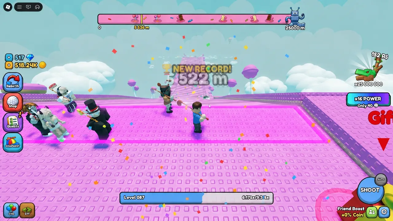 NEW RECORD banner reading 5223 m at the end of a Hit a Golf Ball run