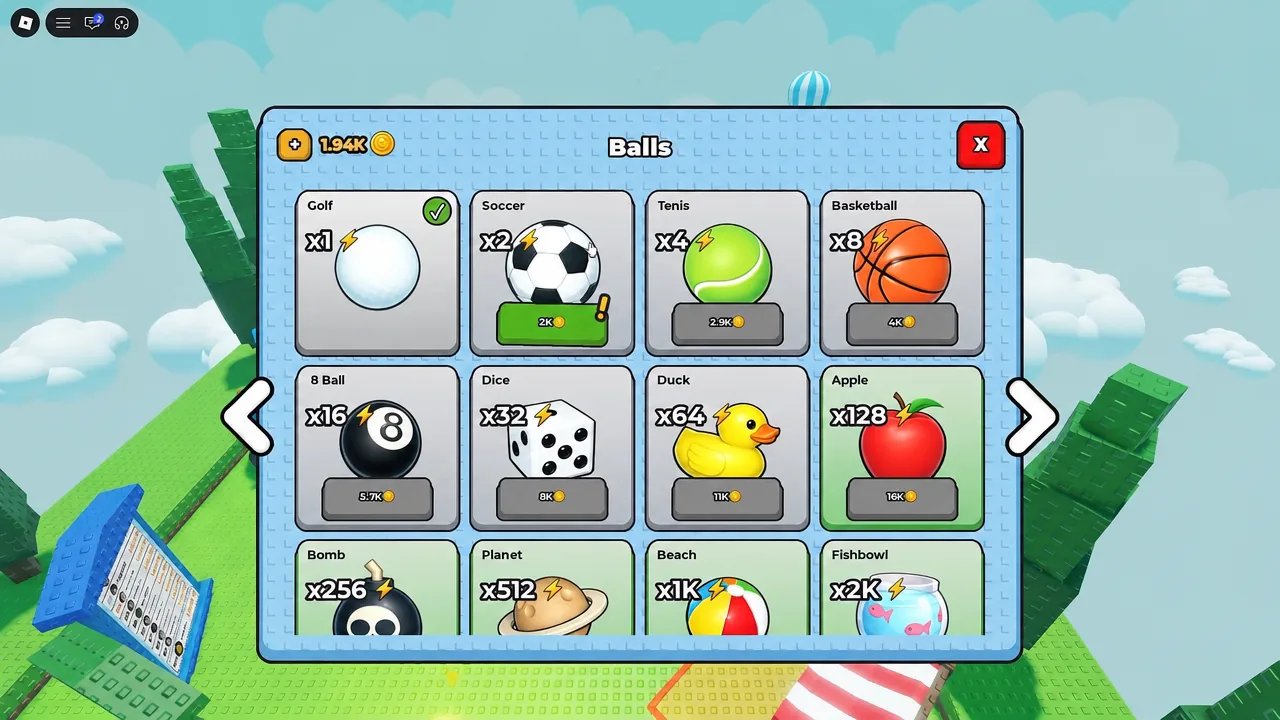 The Balls menu in Hit a Golf Ball with the Apple ball highlighted as the current selection