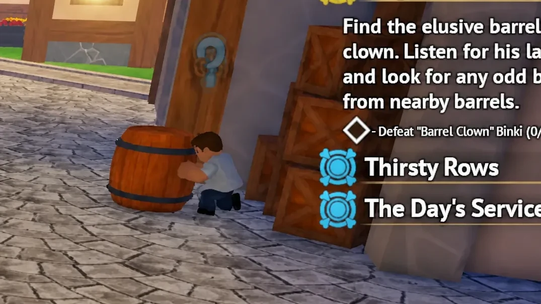 Quest objective telling the player to find and defeat Barrel Clown Binki by checking nearby barrels