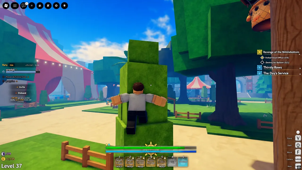 Character climbing a green block with the Teleporter item equipped in the hotbar