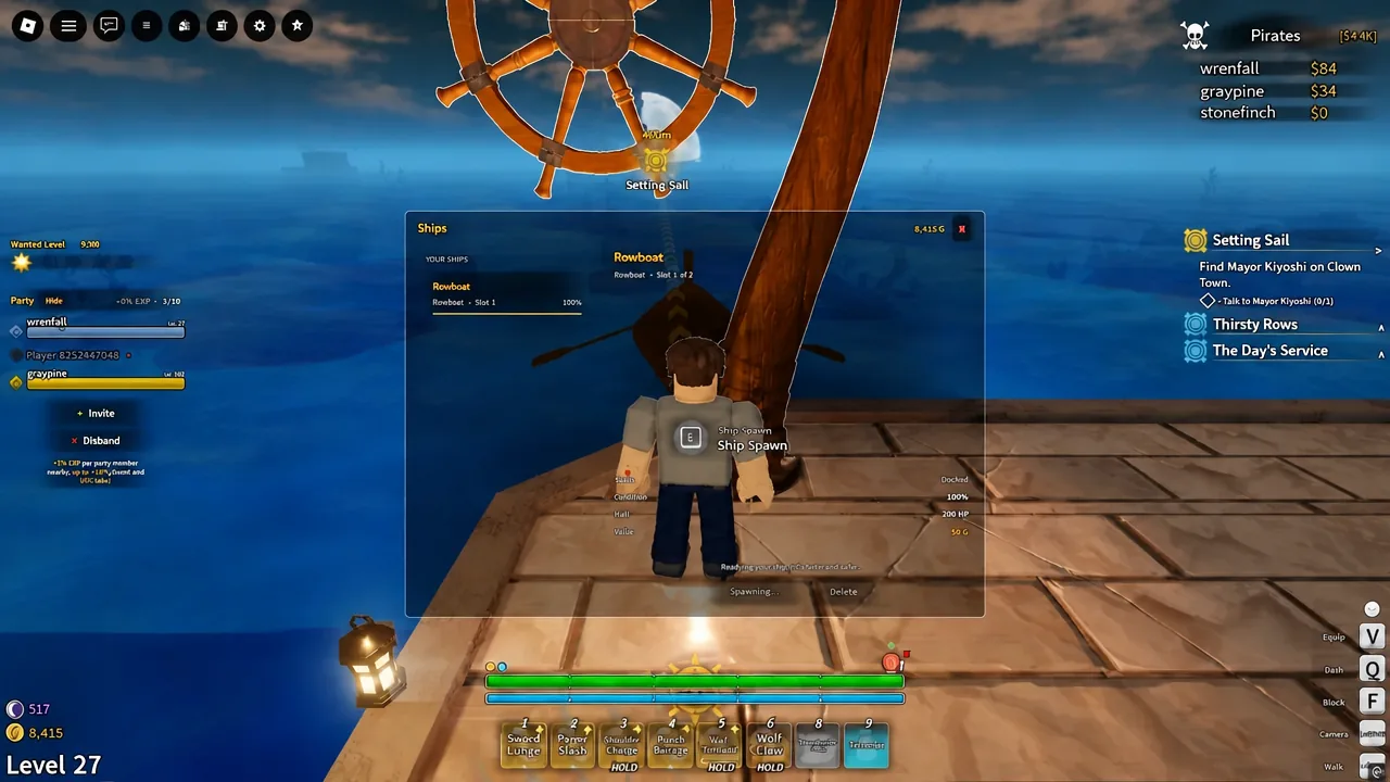 Ships menu in Grand Blue with the Rowboat selected and spawning