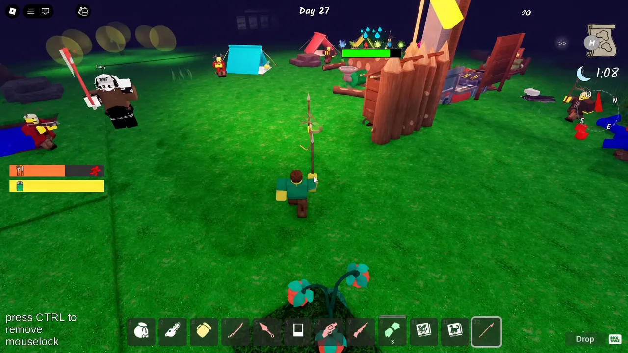 Player holding a spear at the campsite with the weapon selected in the hotbar