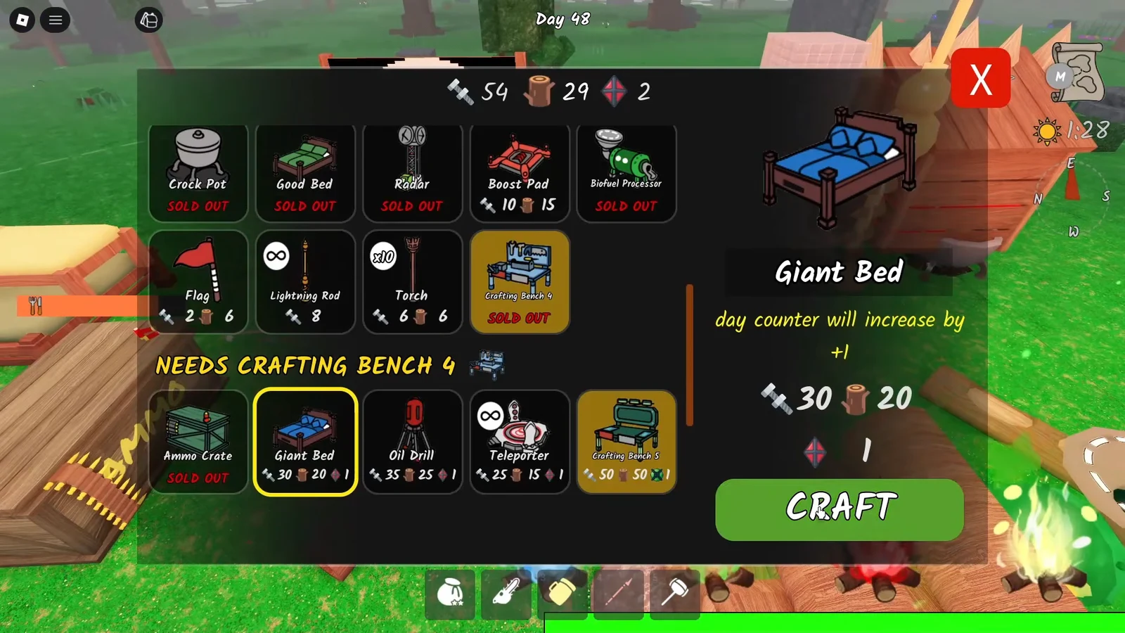 Crafting menu showing the Giant Bed with its material costs and craft button
