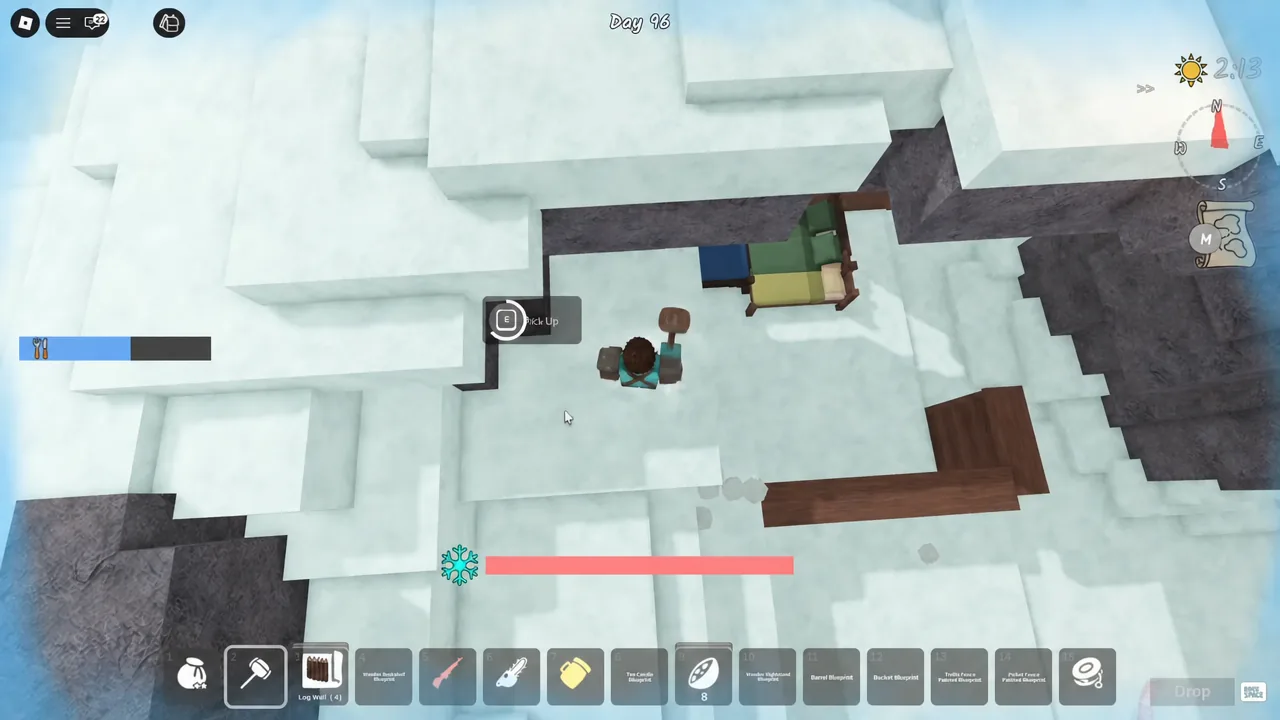 Gameplay view with a pick-up prompt showing next to the player while building the gate