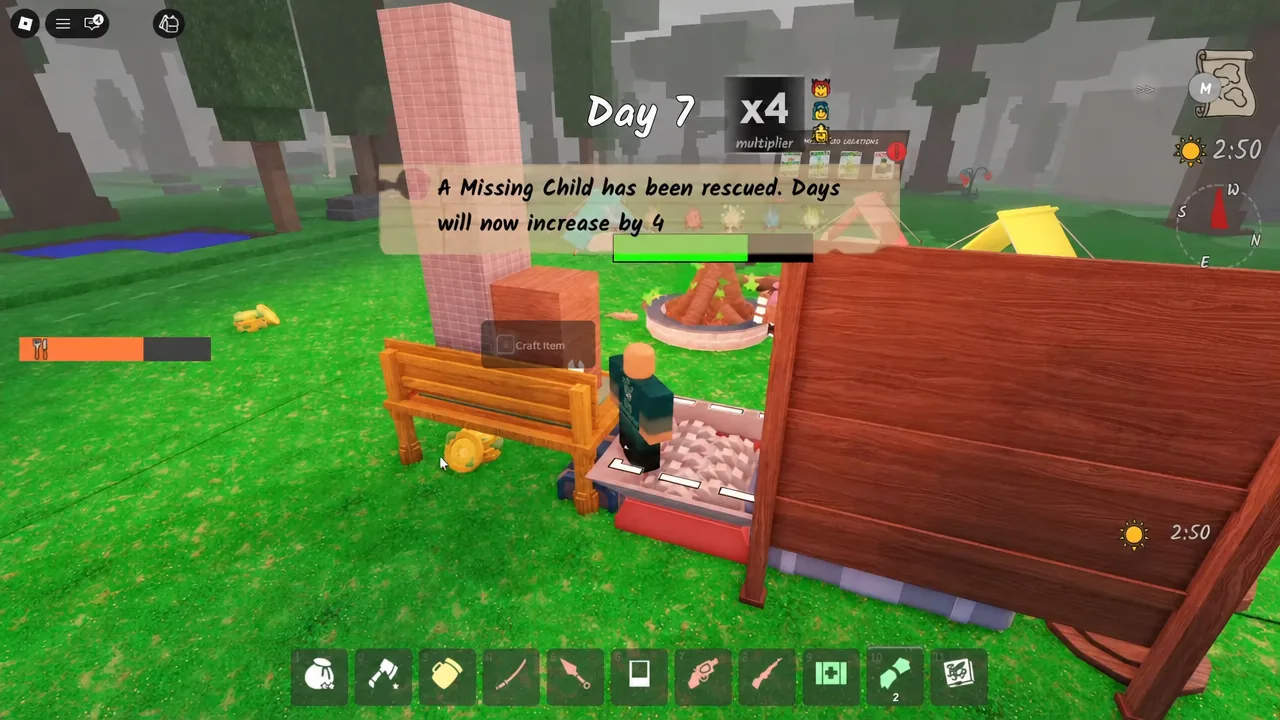 Crafting bench menu open at camp during a tier upgrade