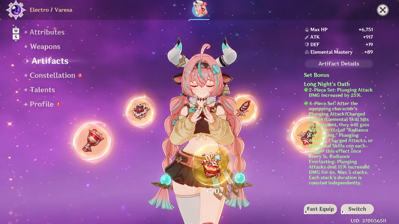 Varesa's Artifacts tab showing her equipped pieces and active set bonus