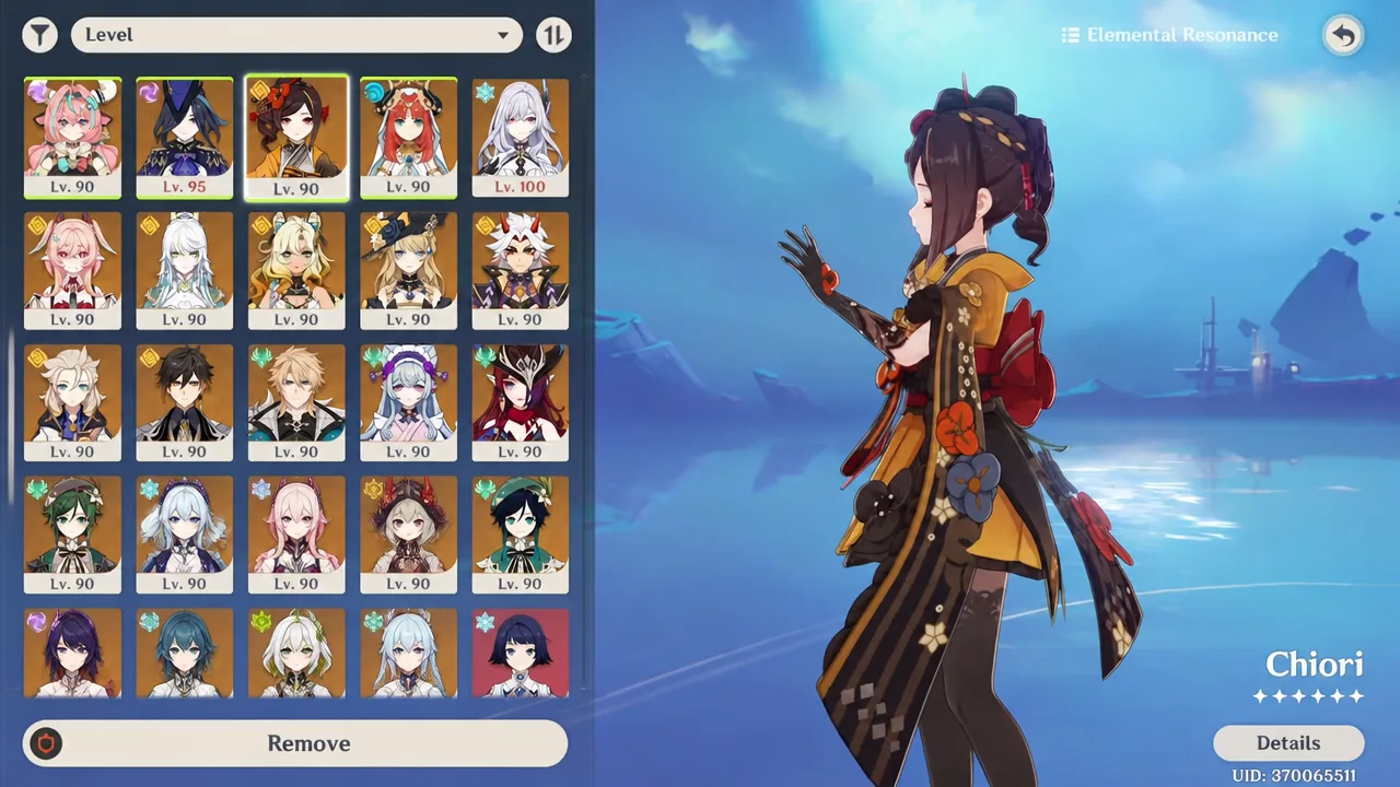 Chiori's character details screen used to weigh her off-field Geo role