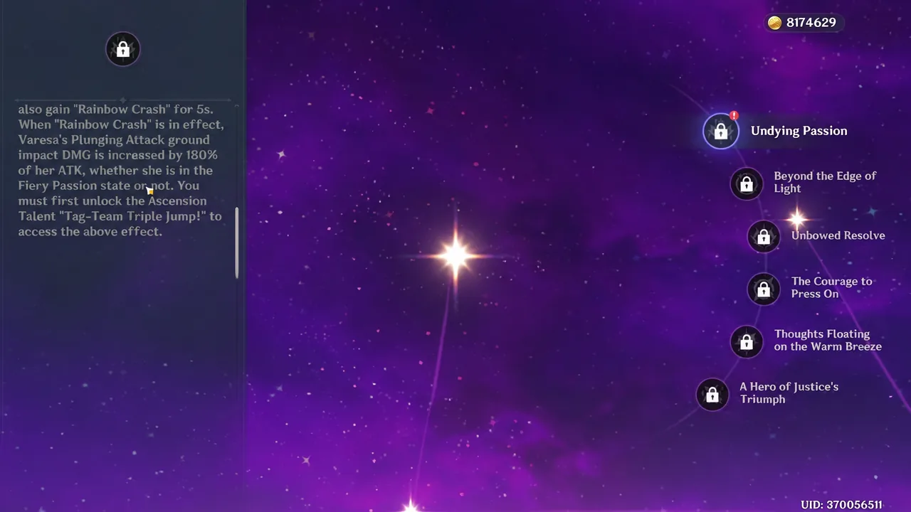 Varesa's constellation screen with Undying Passion highlighted and its effect text shown