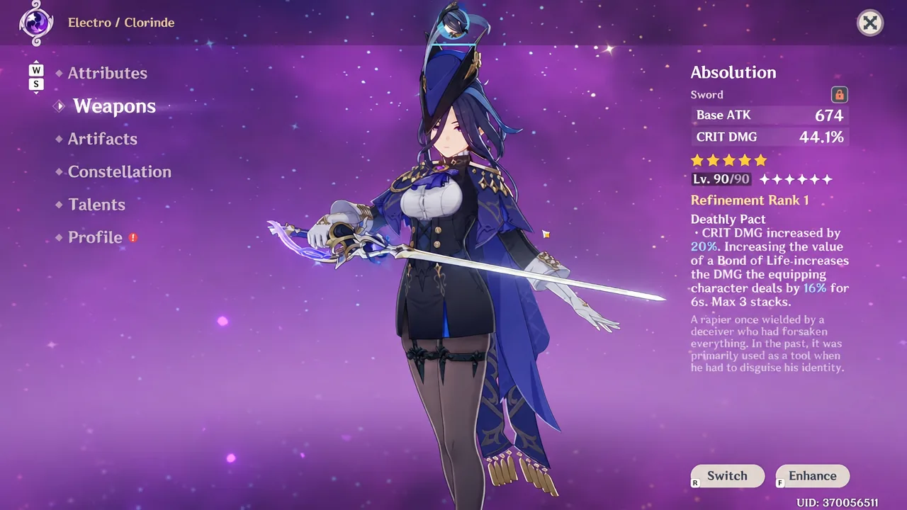 Clorinde's Weapons tab displaying the Absolution sword and its stats