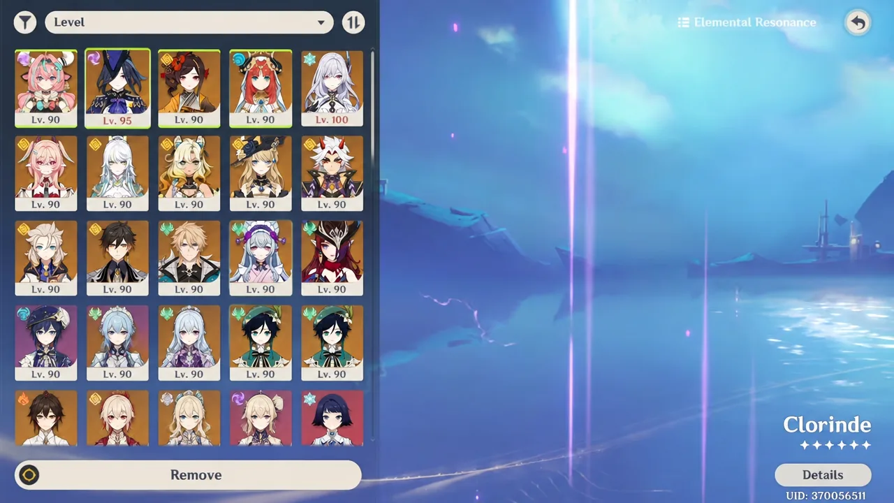 Elemental Resonance screen with Clorinde selected in the party roster
