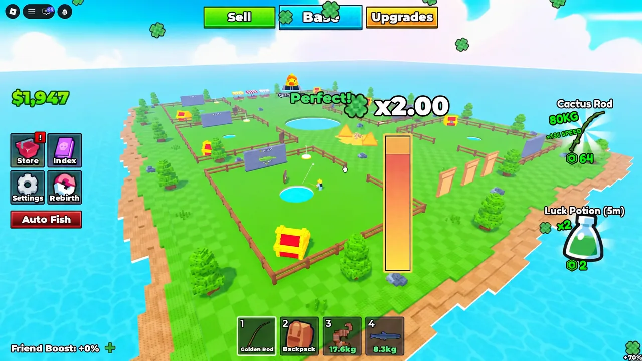Fishing minigame with the Golden Rod equipped and a Perfect timing result on the reel meter