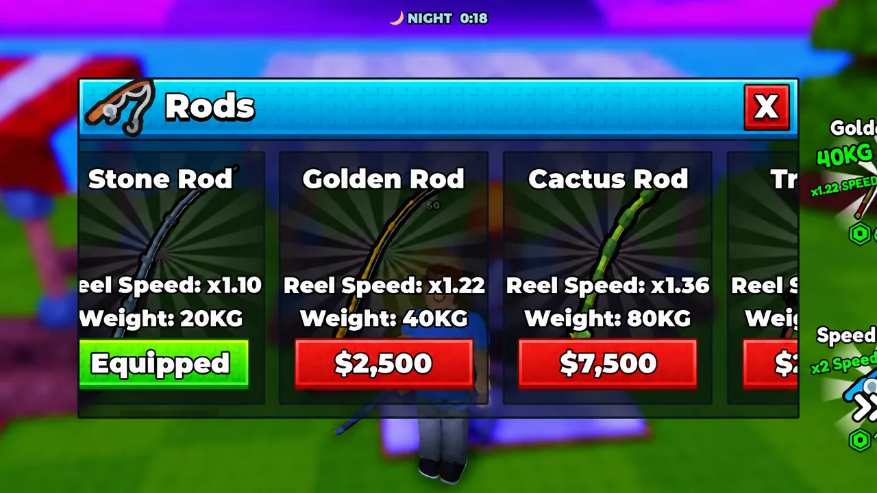 Rods shop menu with the Stone Rod marked Equipped and higher tiers listed for purchase
