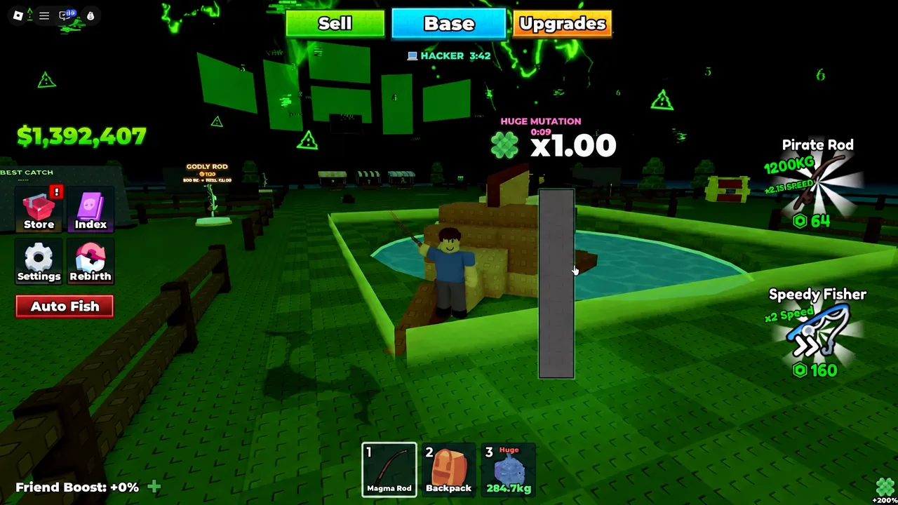 Base fishing pond with the Magma Rod selected in slot one during an auto-fishing run