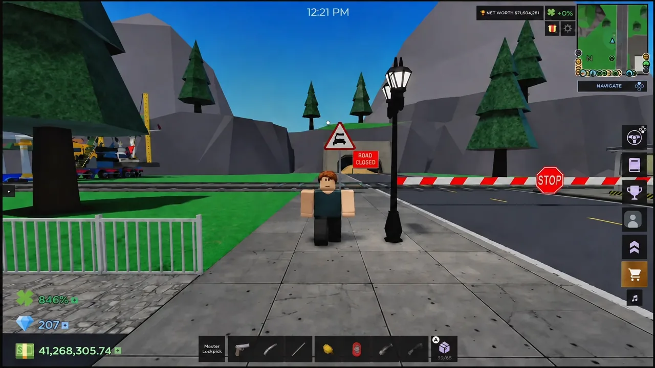 Open world view of the map with a road closure ahead and the shop button on the HUD