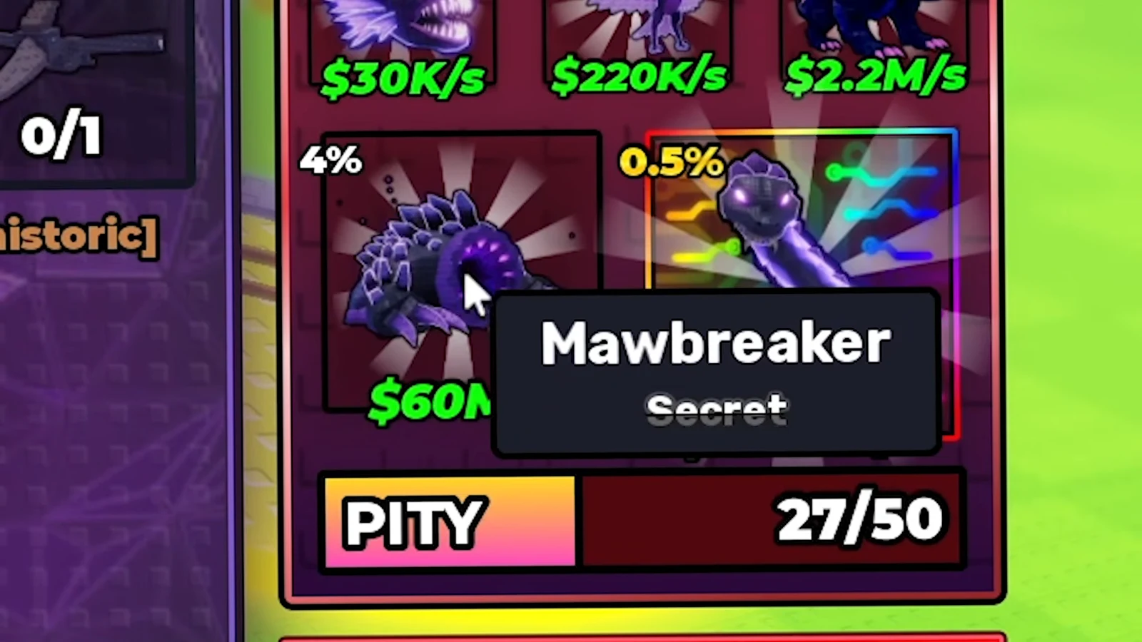 Mawbreaker Secret tooltip in the Rift menu with the Pity counter reading 27 of 50