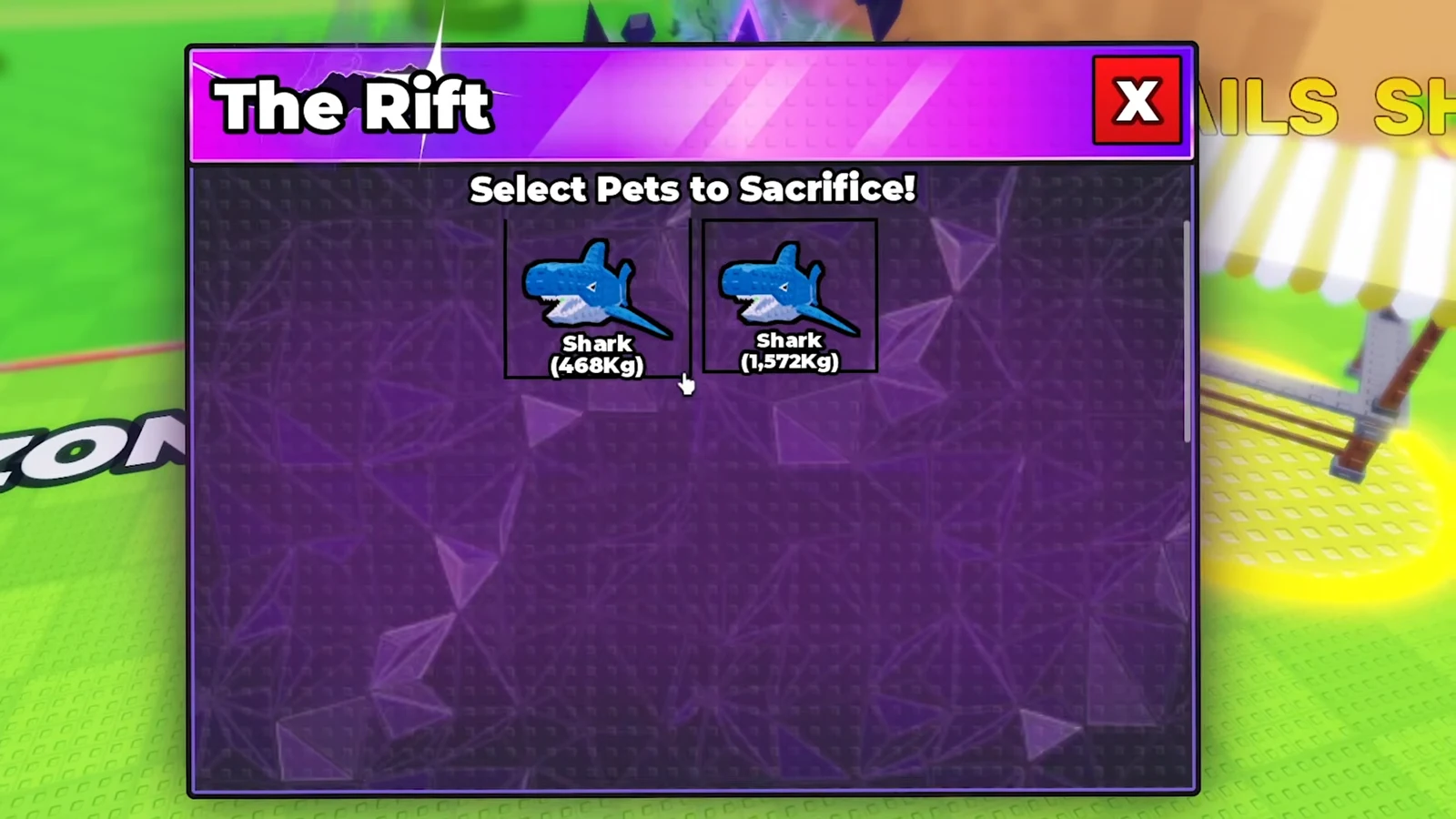 Rift menu asking which Shark to sacrifice, listing a 468Kg and a 1,572Kg copy
