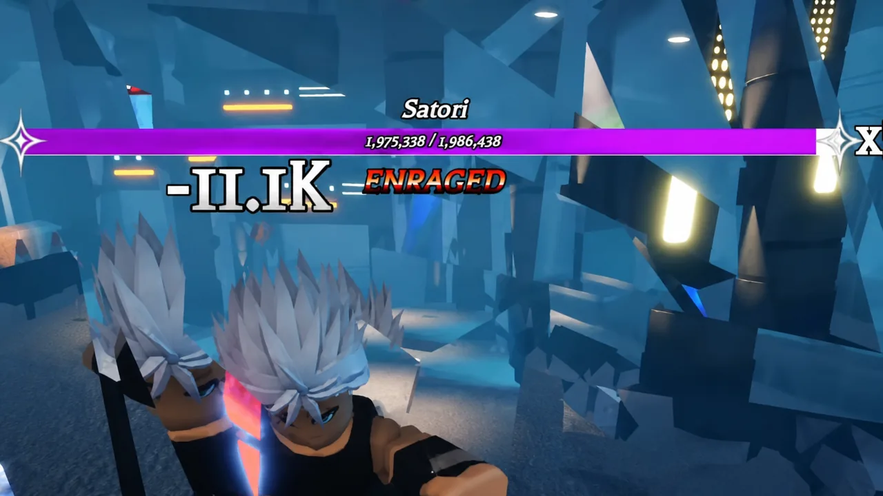 Satori boss fight on floor 100 with an ENRAGED health bar and a large damage number on screen