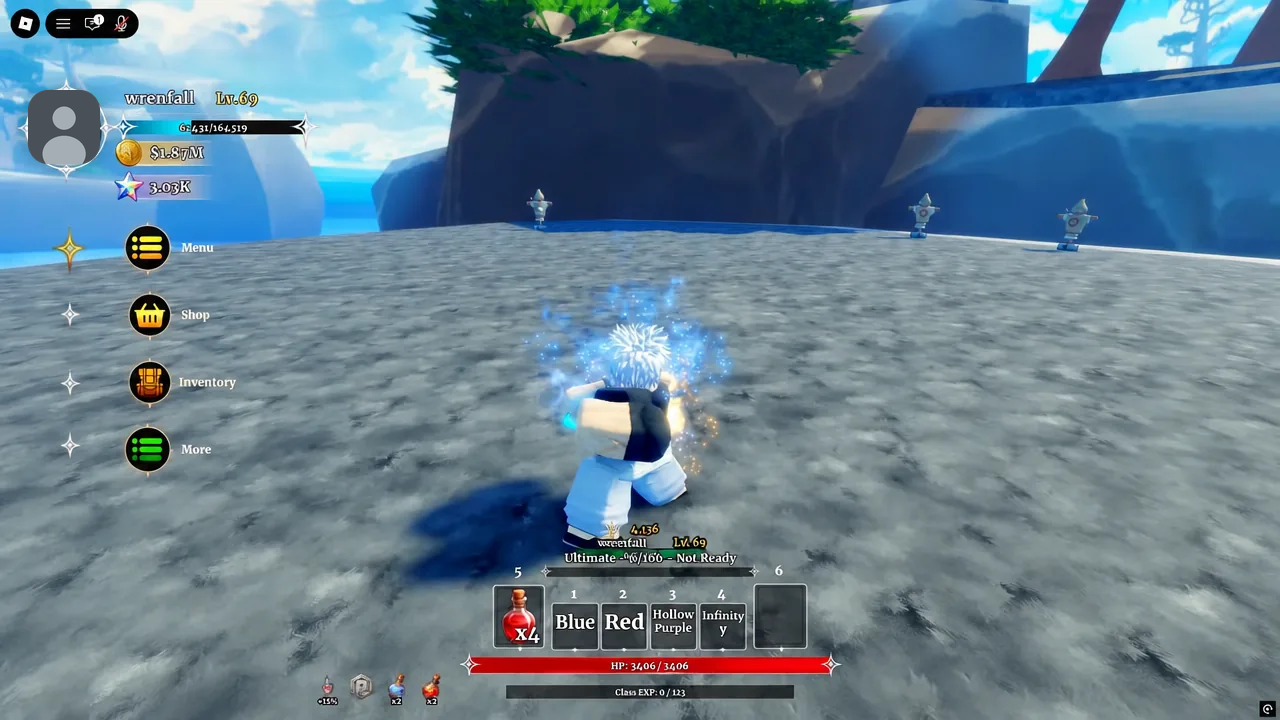 Lobby view with Menu, Shop, Inventory and More buttons and the new ability hotbar loaded