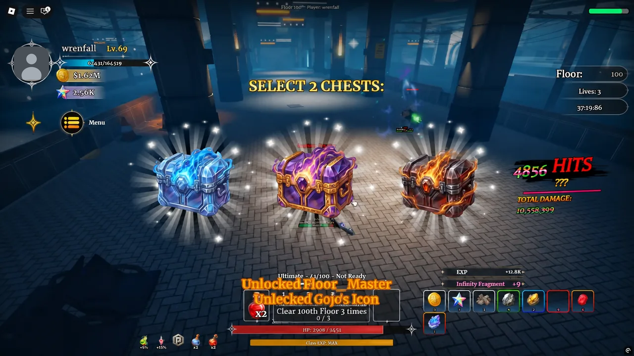 SELECT 2 CHESTS reward screen with three glowing chests after a boss kill