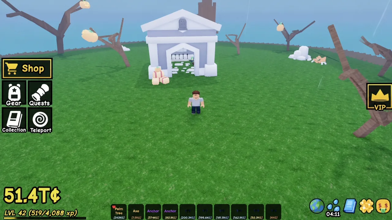 Player standing outside the island gear building with the Shop button highlighted on screen