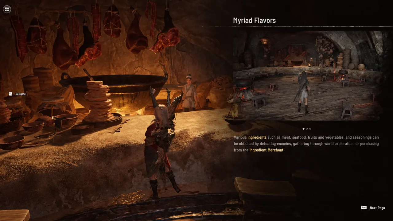 Myriad Flavors cooking tip screen with a prompt to continue to the next page