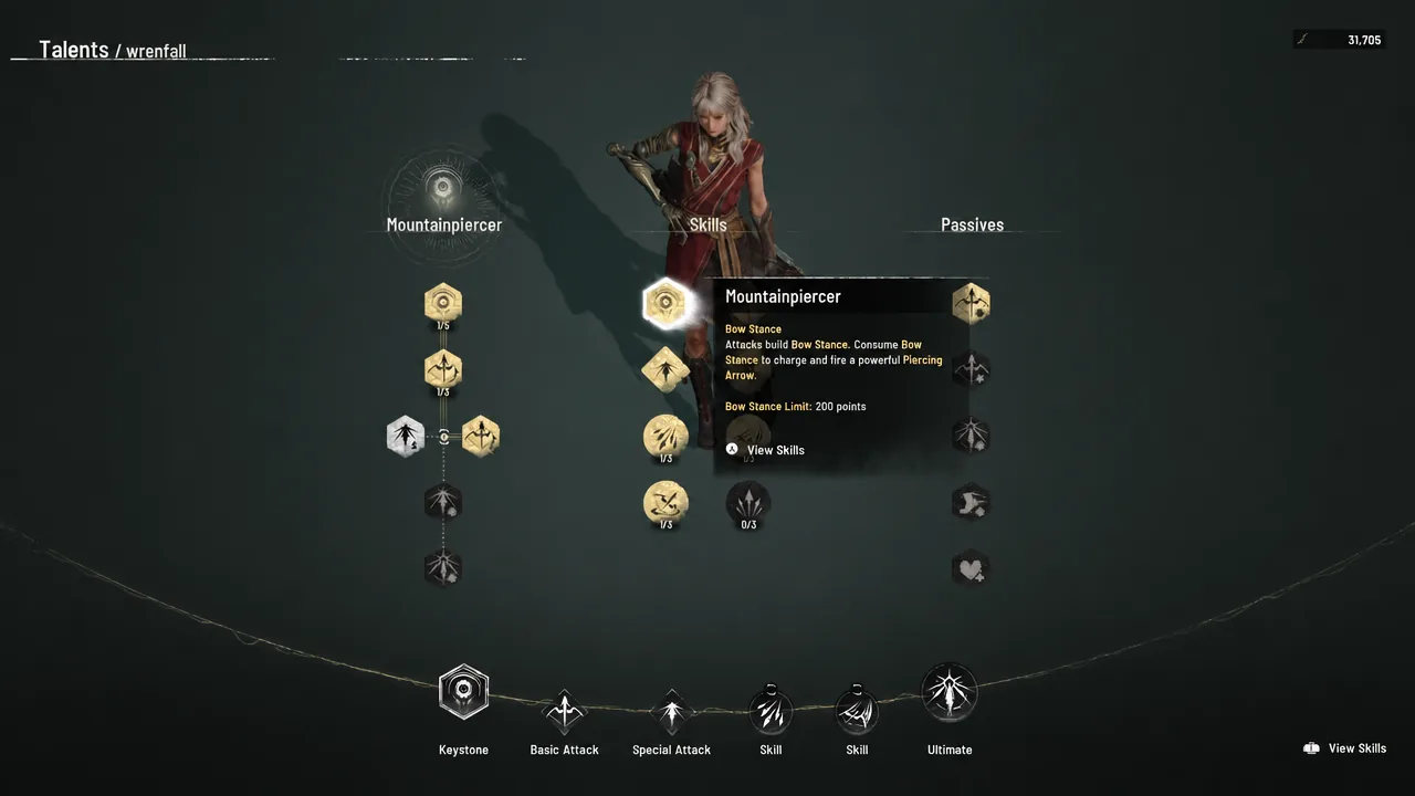 Talents screen with the Mountainpiercer skill highlighted to show its active and passive details