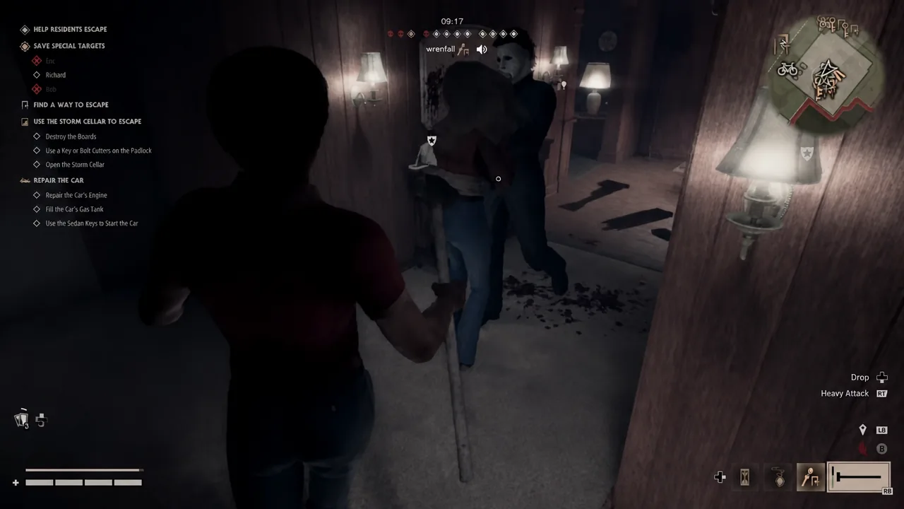 Objective text reading Use the Storm Cellar to Escape while a survivor carries a pipe down a hallway