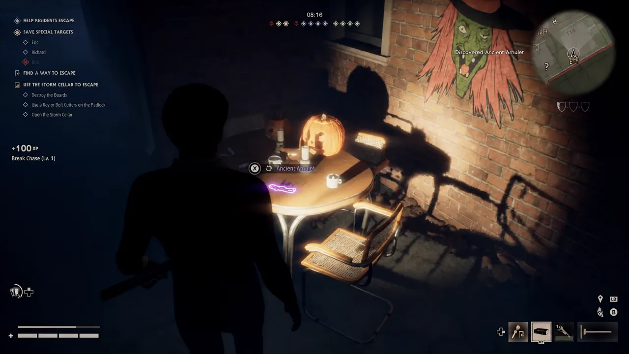Interact prompt on the glowing Ancient Amulet resting on an outdoor table