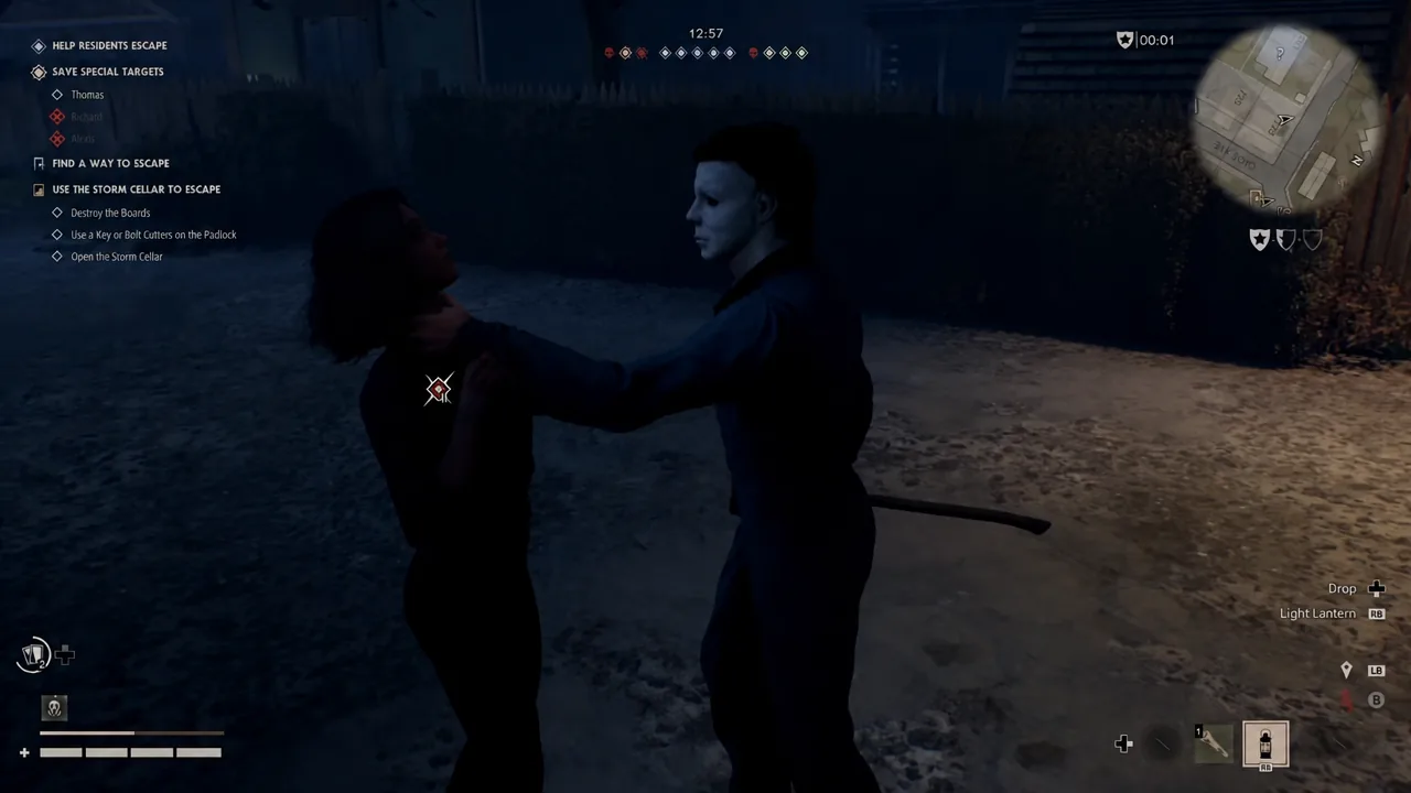 Red enemy indicator on screen as Michael Myers grabs a survivor in a hallway