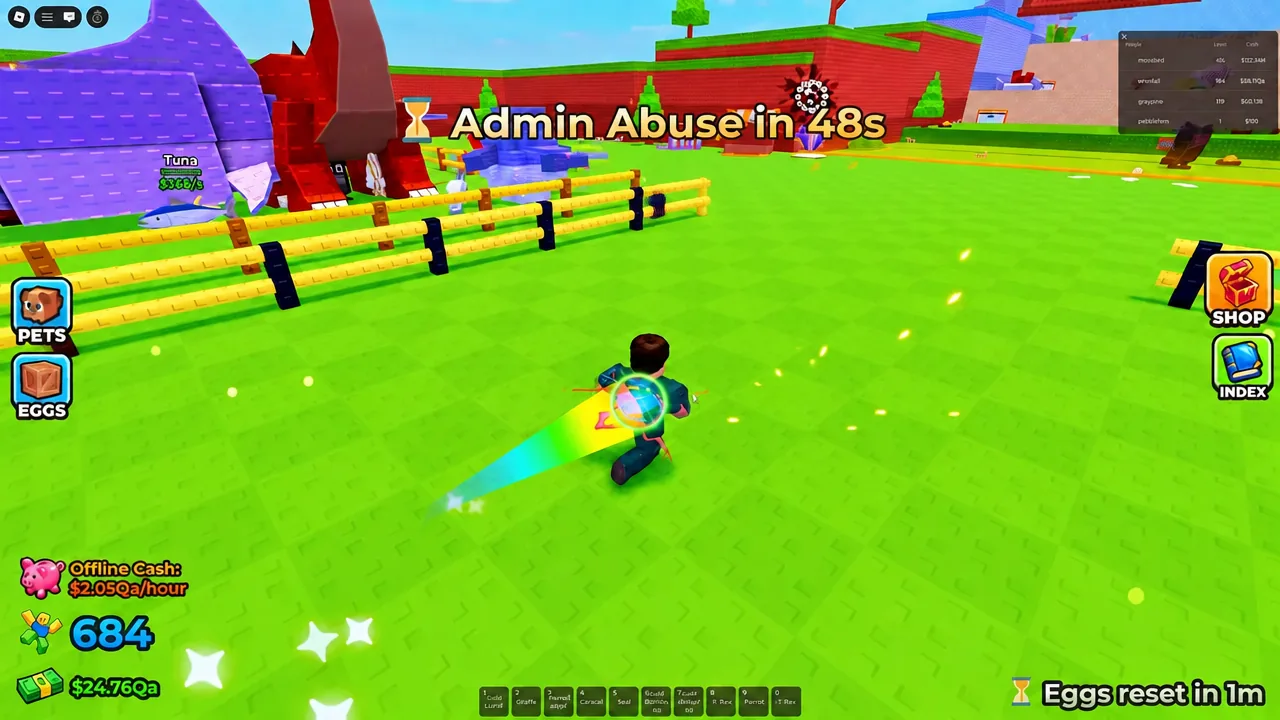 HUD countdown reading Admin Abuse in 48s while the player runs through the arena