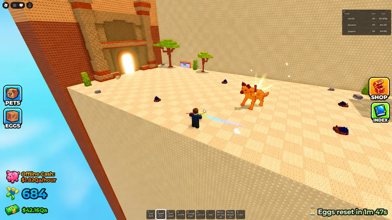 Player fires a beam at a large orange guardian creature mid-run
