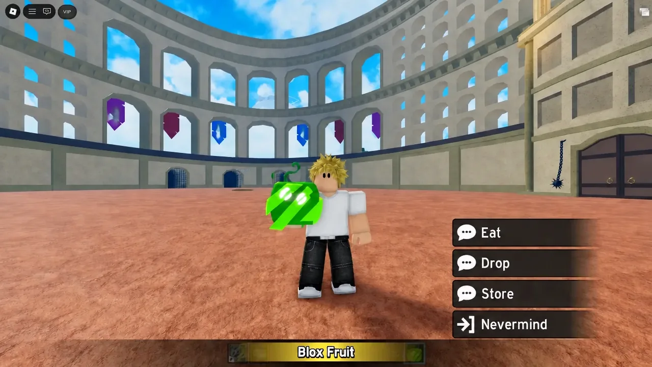 Blox Fruit prompt showing Eat, Drop, Store and Nevermind options