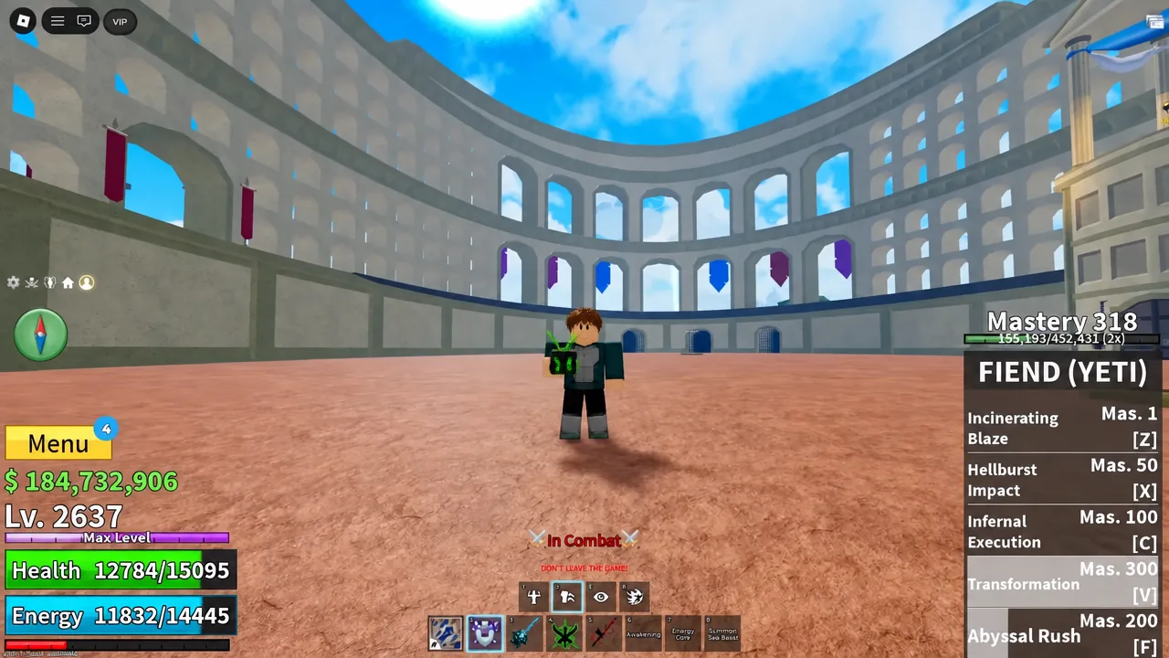 Fiend (Yeti) ability panel and hotbar shown while the player is In Combat