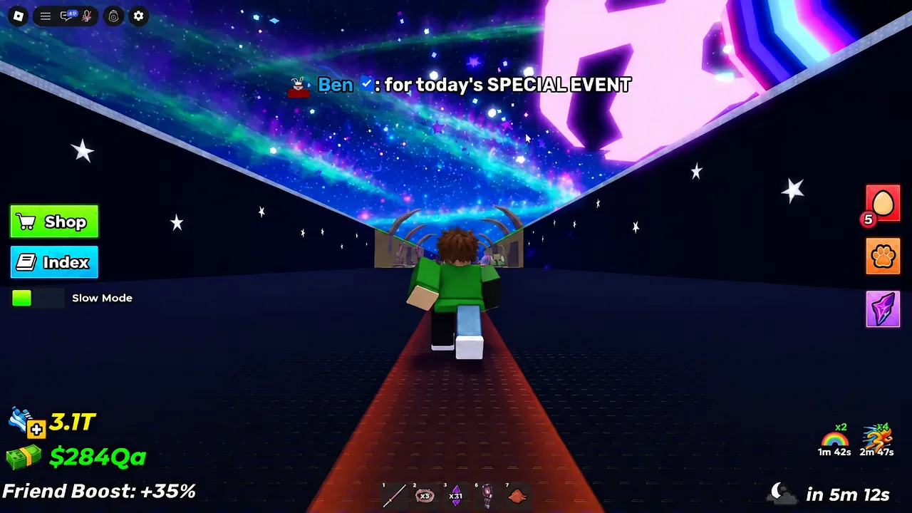 Player approaching a glowing portal in Steal An Egg with Shop and Index buttons on screen