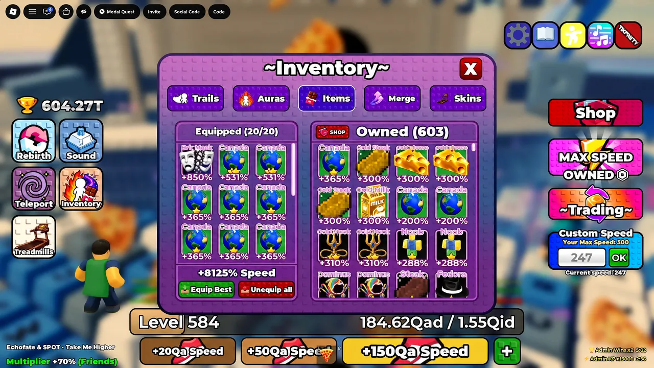 Inventory menu open on the Items tab, showing equipped gear next to owned RIA items