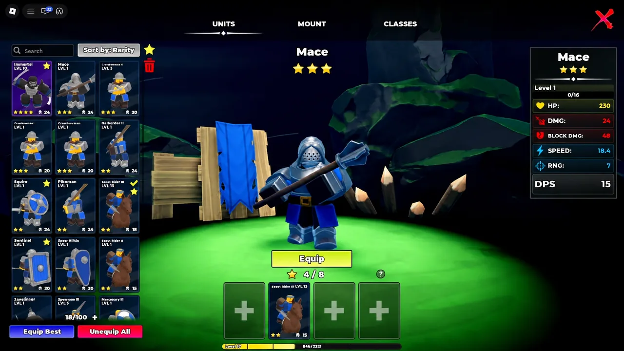 Units menu with Mace selected, showing its HP, damage, and block damage values before equipping