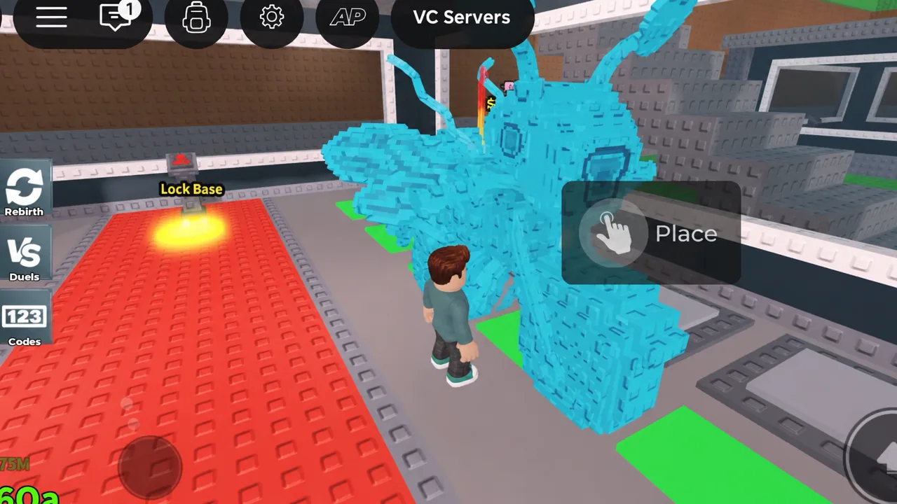 Place prompt active while lining a Brainrot up on green placement tiles inside a base