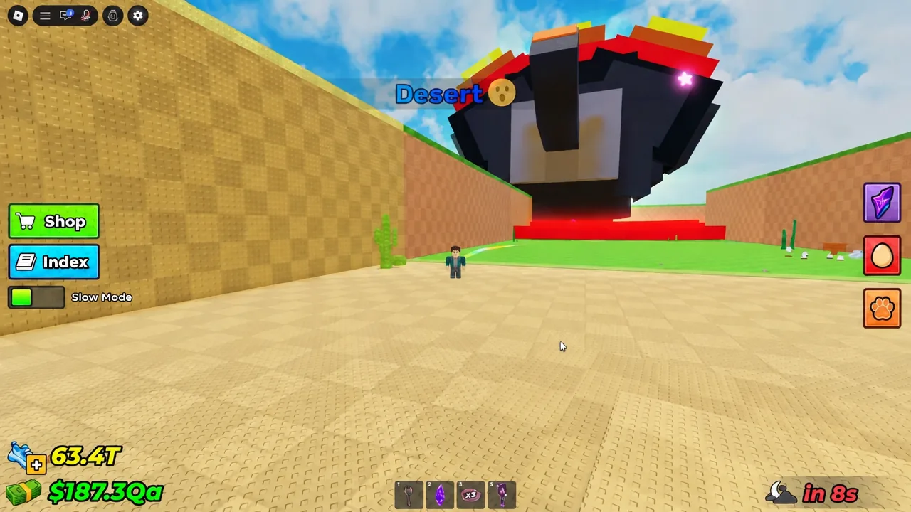 Player running through the Desert biome past a large structure while farming pets
