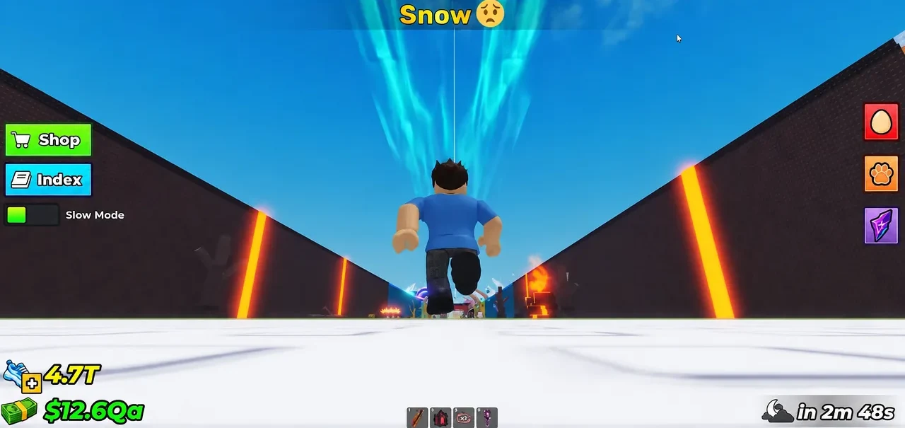 Player character sprinting through the Snow zone on the run out to the Angels biome