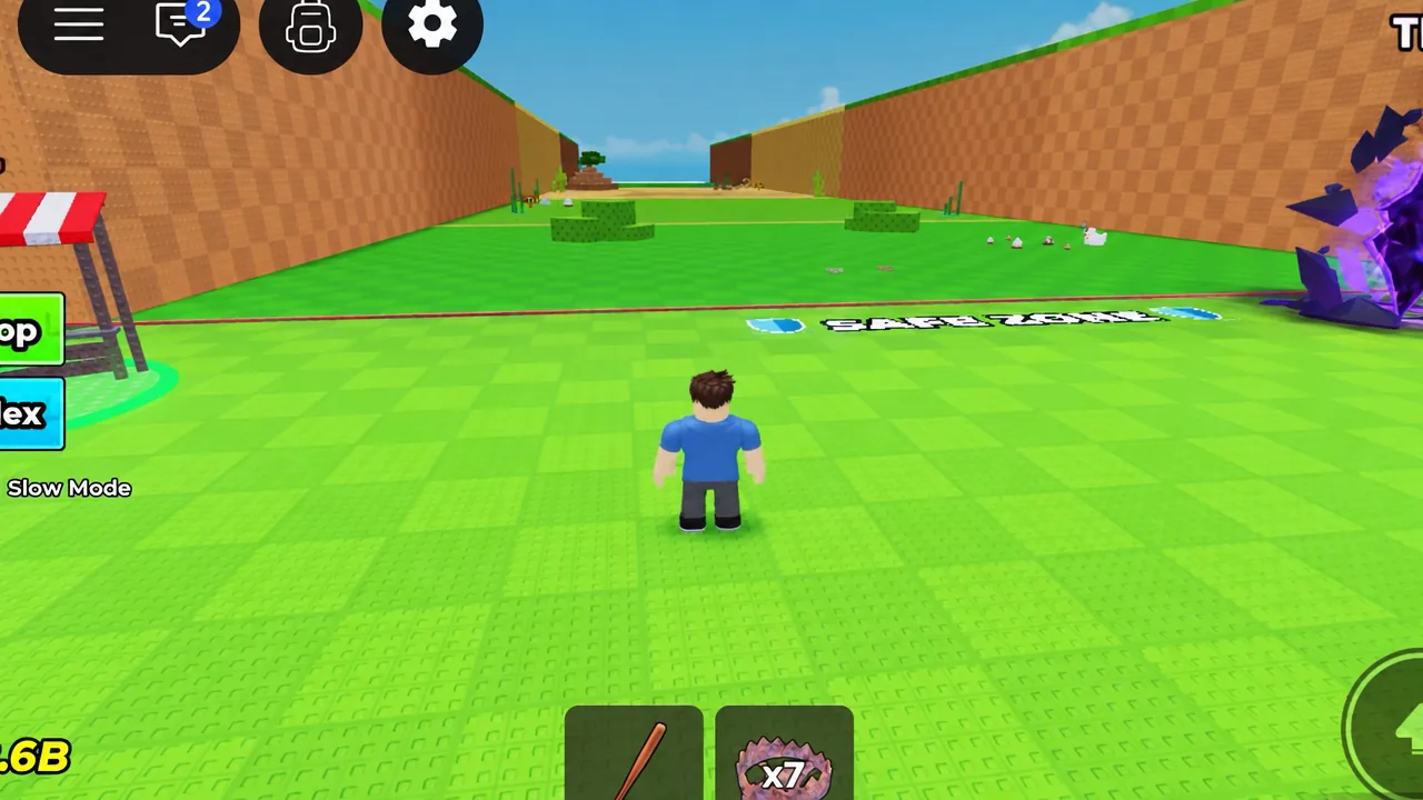Player avatar standing in a biome arena with the inventory bar and Slow Mode button on screen