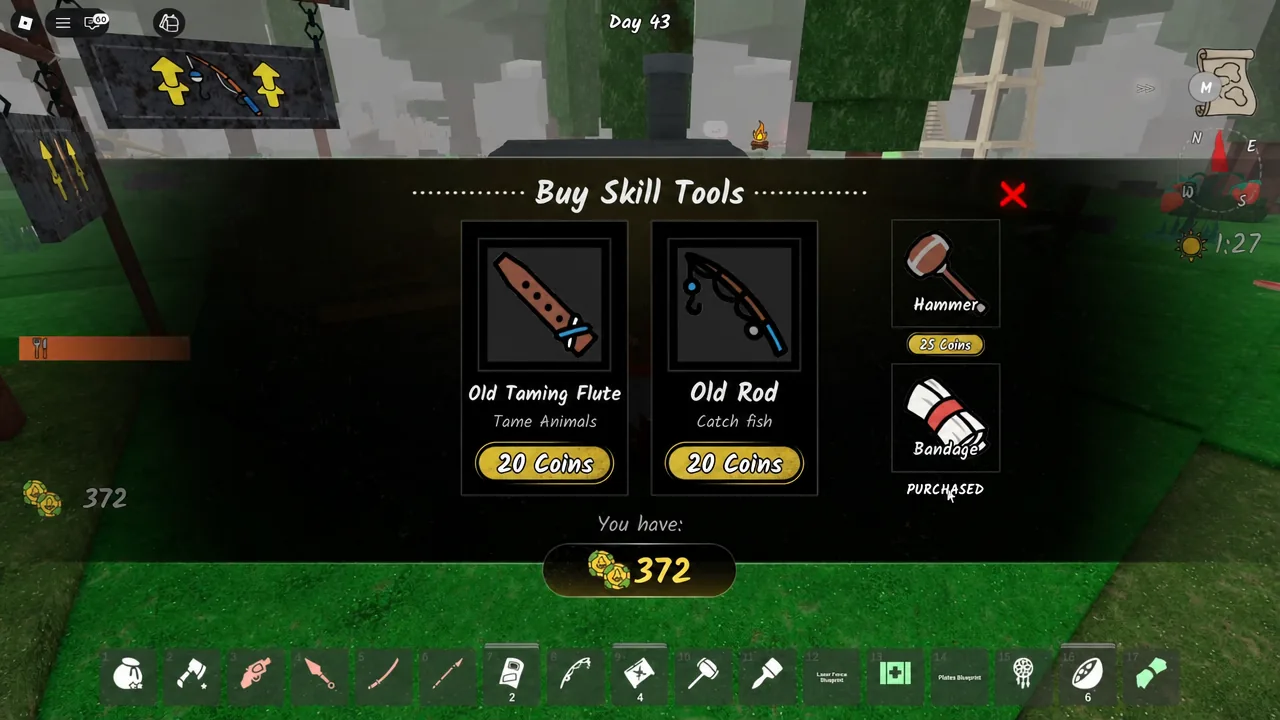 Buy Skill Tools menu with the Bandage entry marked PURCHASED